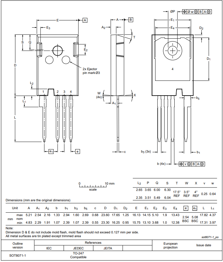 機械図面 - Nexperia NSF0x120L4A0 NチャンネルMOSFET